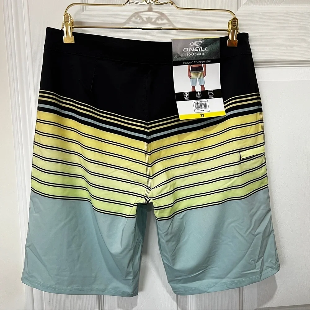 O'Neill Boardshort Swim‎ Shorts Men's Size 32 Striped Black Teal Green Unlined
